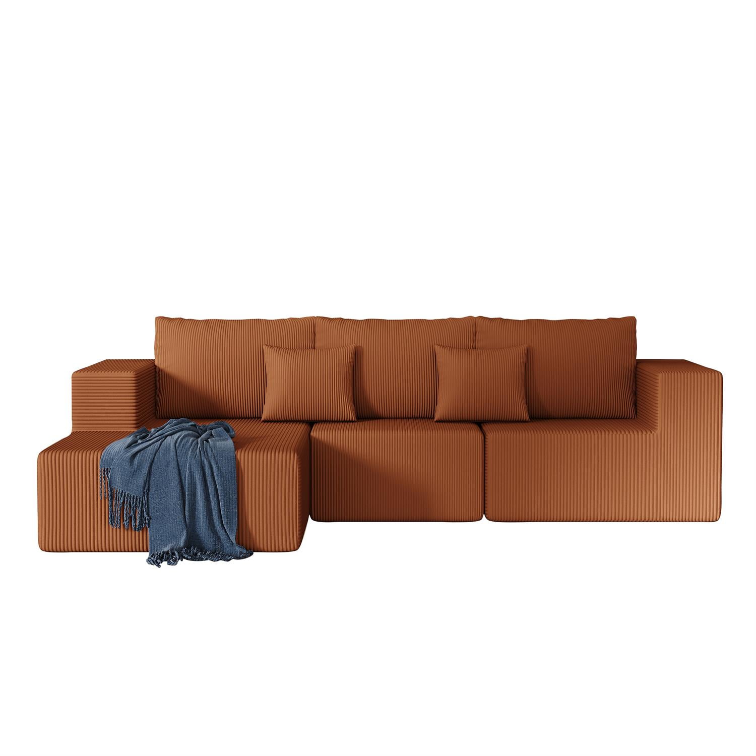 Demi Bonn 108" L-Shaped Modular Foam Sofa with Chaise Lounge, Cloud-Like Comfort Couch, Corduroy Sectional for Living Room, Brown