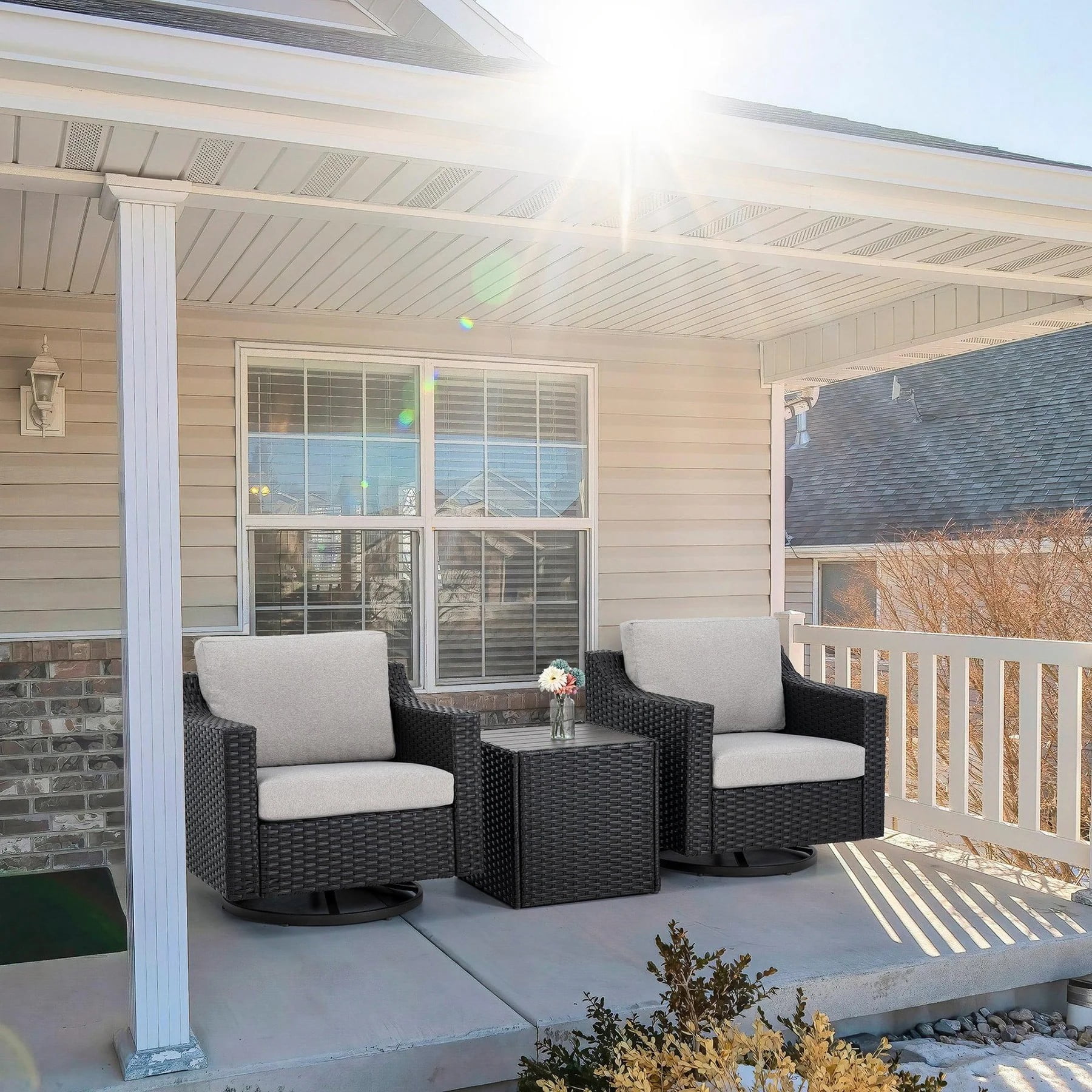 3 Piece Patio Bistro Set with 360 Swivel Patio Chairs, Outdoor Wicker Patio Furniture Set with Cushions and Side Table for Balcony Porch Backyard, Brown/Grey