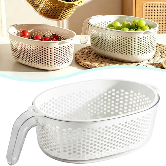 Safeglitz Double Layer Plastic Handle Drain Basket with Lid Rice Wash Colander for Fruits and Vegetables Reusable Kitchen Strainer Bowl for Easy Cleaning and Draining(A)