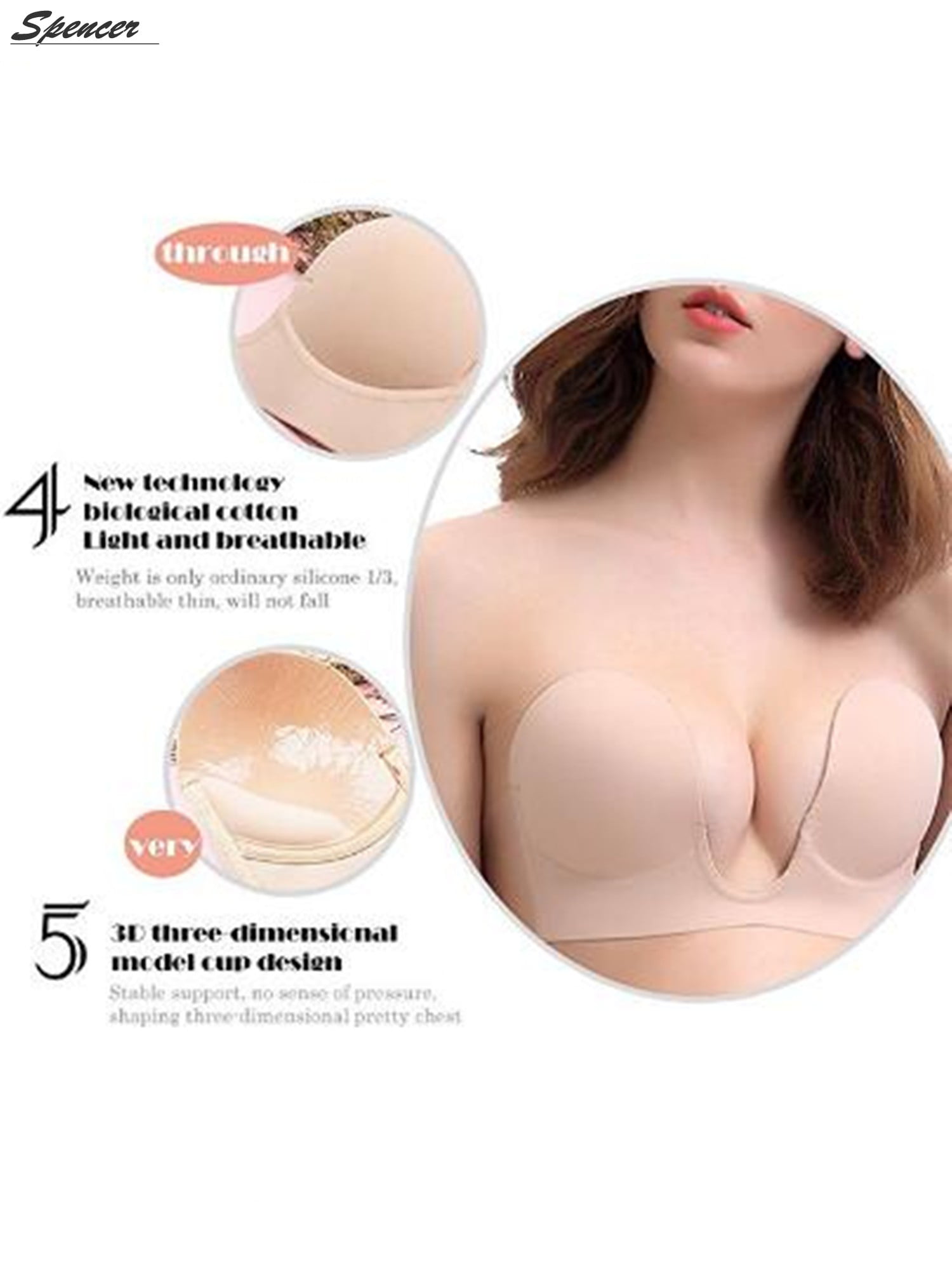 Spencer 2Pack Womens Push Up Plunge Sticky Adhesive Bra Reusable Deep  U-Shaped Strapless Backless Breast Lifting Bra, C Cup