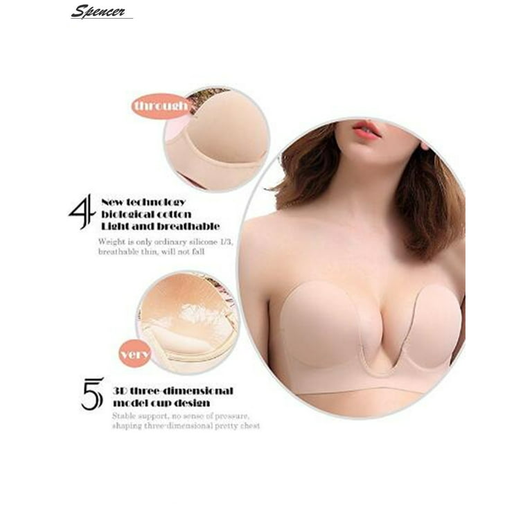 Spencer 2Pack Womens Push Up Plunge Sticky Adhesive Bra Reusable Deep  U-Shaped Strapless Backless Breast Lifting Bra, C Cup 
