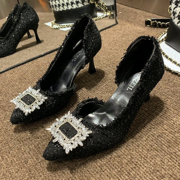 Sexy Black White Design Rhinestones Women Pumps Fashion Pointed Toe Female Shallow High Heel Elegant Women‘s Work Dress Shoes