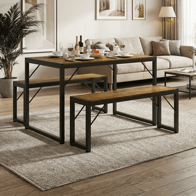 Aiho 3-Piece Dining Table Set - Industrial Kitchen Table & Chairs with Stain-Resistant Oak Top, Space Saving Design for Small Homes, Retro