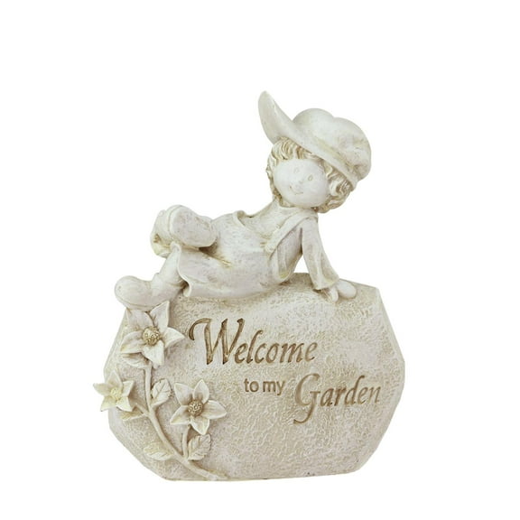Northlight 7.5" Garden Kids Ivory "Welcome To My Garden" Boy on Rock Outdoor Patio Garden Statue