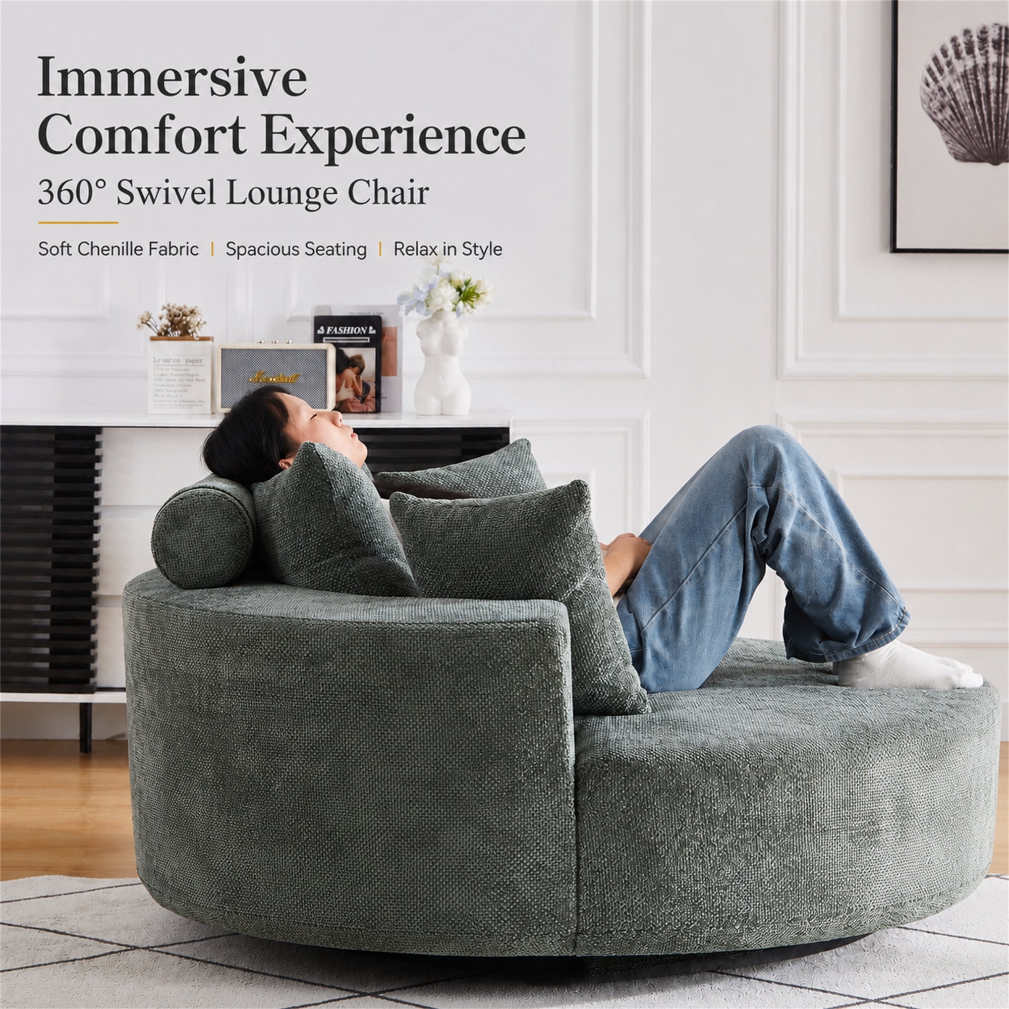 Aukfa 55 in Swivel Accent Chair, Oversized Round Cloud Sofa Chair for Living Room Bedroom, 3 Pillows, Chenille, Green