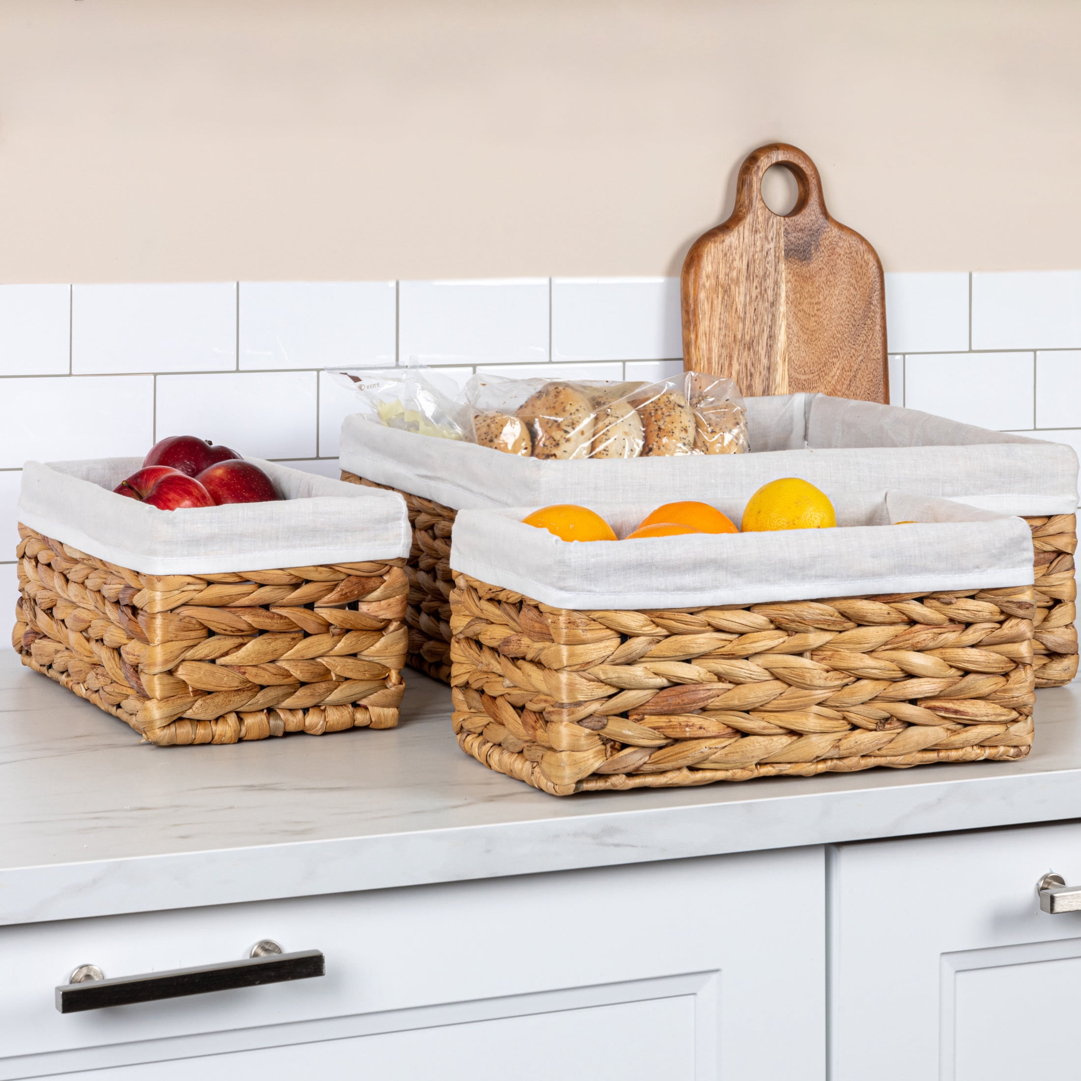 Household Essentials Wicker Basket Set, 3 Pieces, 1 Large and 2 Small Water Hyacinth  Baskets for Storage and Organization