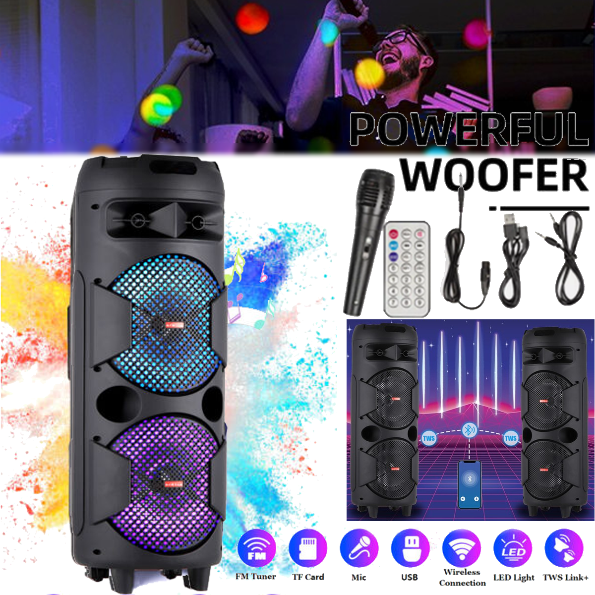 Dazone Dual 8" Wireless Portable Party Bluetooth Speaker Audio Stereo With Remote and Mic