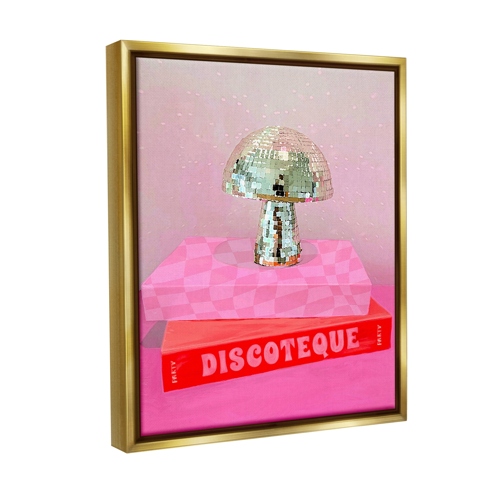Stupell Industries Disco Mushroom on Books Literature & Flim Painting Gold Floater Framed Canvas Art Print Wall Art, 17 x 21