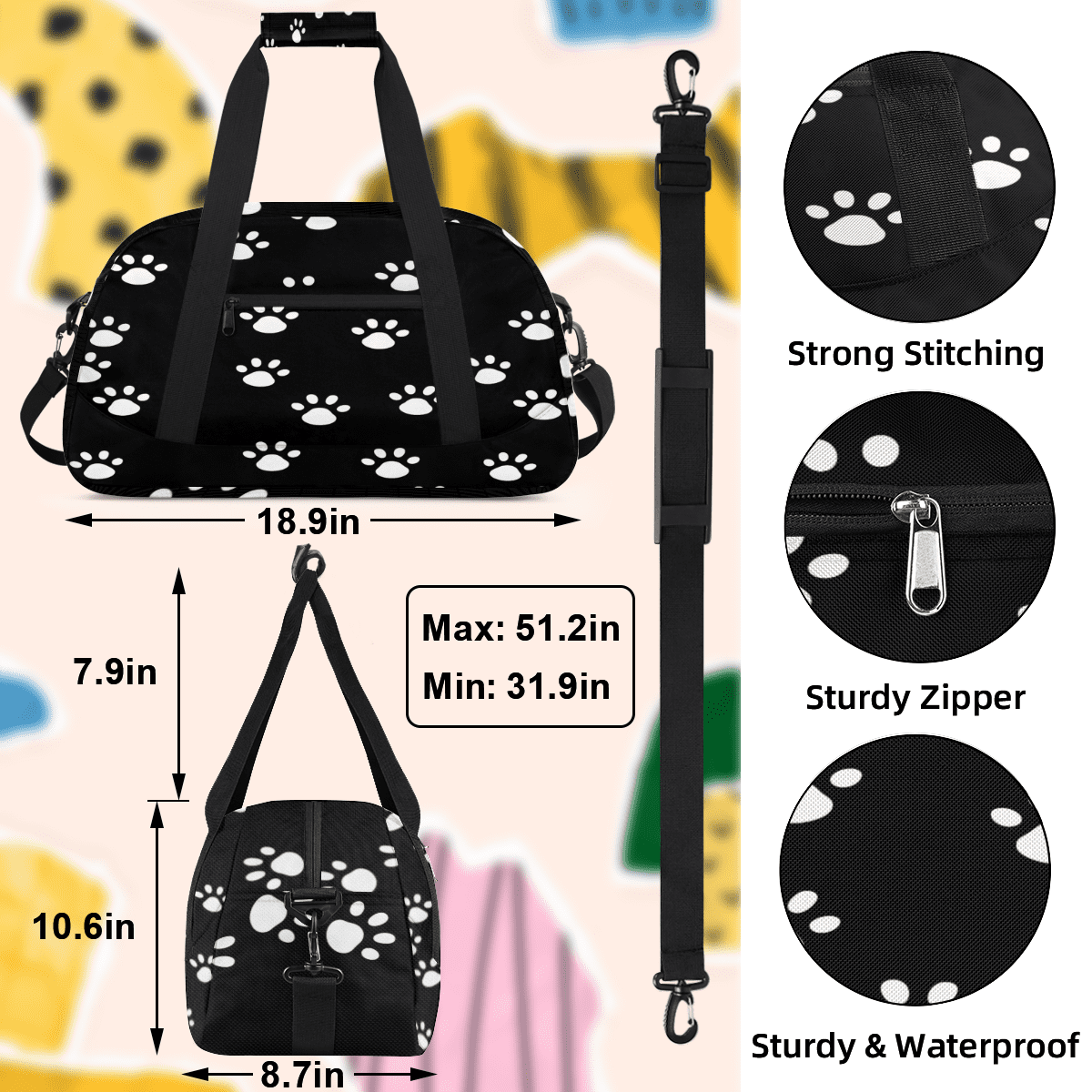 Herdesigns Dog Paws Print Sports Duffle Bag for Women & Men, Paws Print Gym Bag Dance Bag Overnight Bag Carry On Weekender Travel Bag