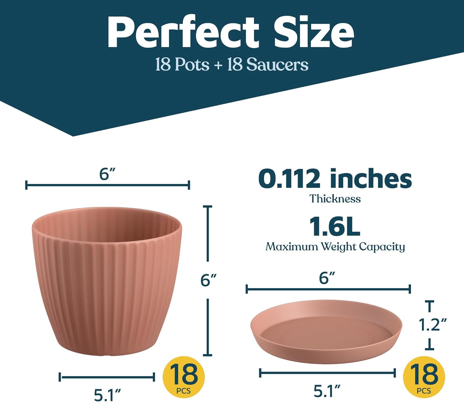 Pink 6-Inch Plant Pots with Drainage & Saucers 18 Pack, Indoor & Outdoor Planters for Houseplants, Herbs, and Flowers, Durable & Weatherproof Material, Stackable, Lightweight, Minimalist Design