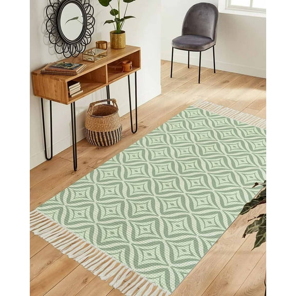 Teal Geometric Area Rug 3x5ft Woven Runner Rug,Art Contemporary Modern Abstract Washable Living Room Hallway Bedroom Kitchen Carpet with Tassels,Indoor Outdoor Throw Door Mat for Entryway
