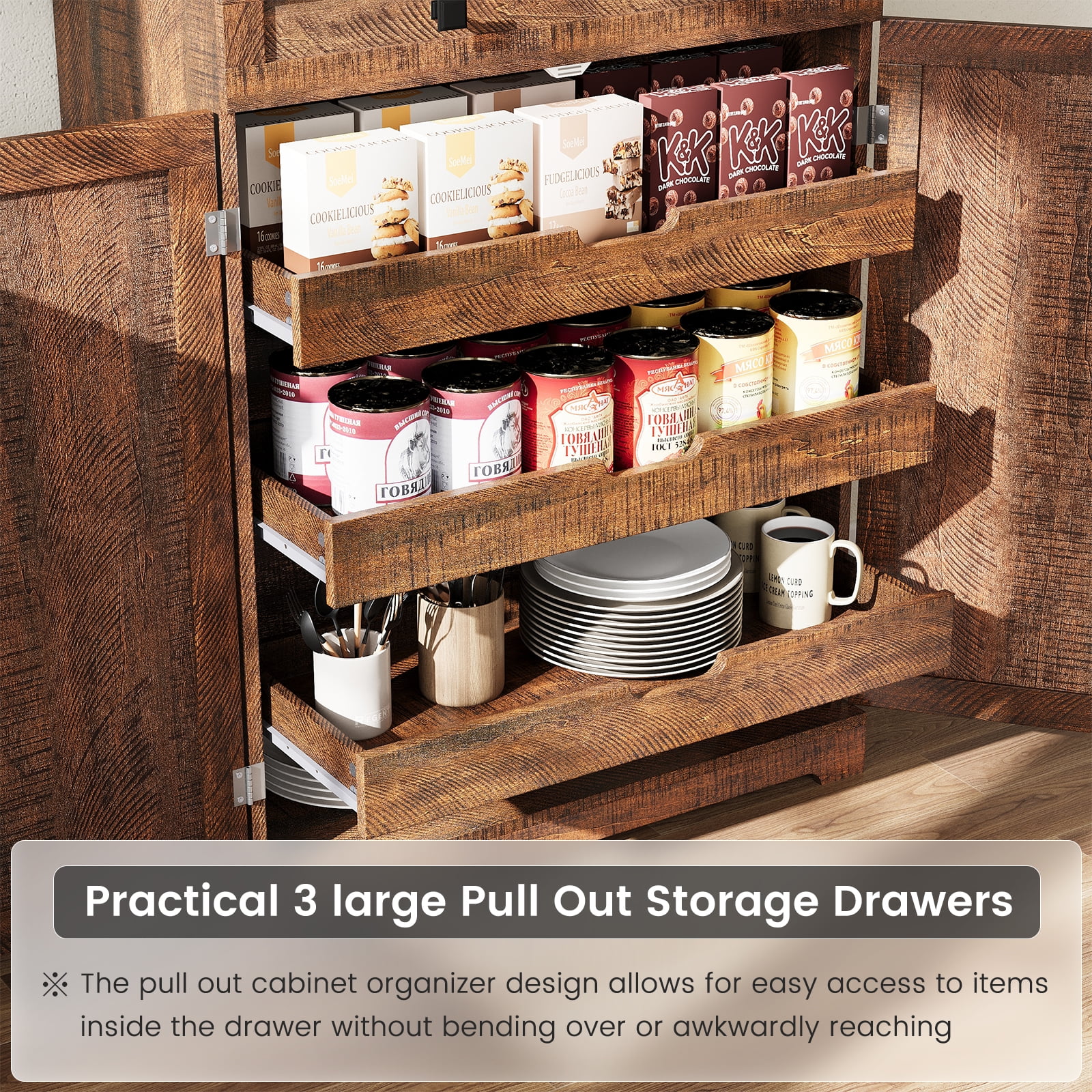 ELYKEN 72" Kitchen Pantry Storage Cabinet with Adjustable Shelves and Drawer, Rustic Brown