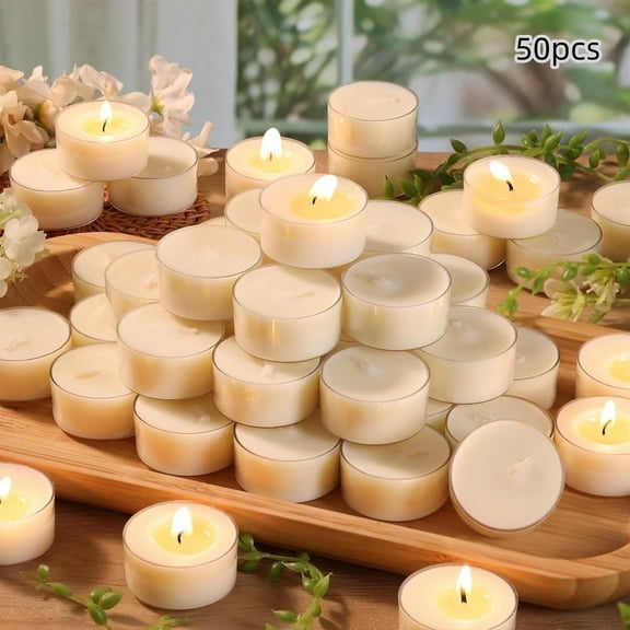 50 Count White Unscented Smokeless Long Burning Clear Cup Tea Light Candles with 6 to 7 Hour Burn Time