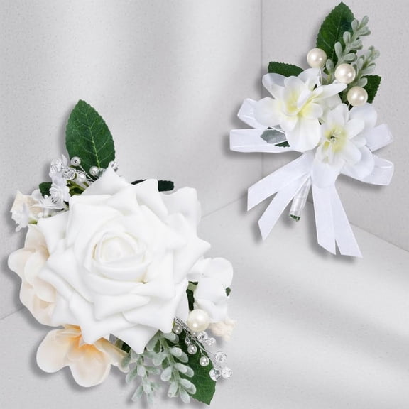 Corsage and Boutonniere Set for Wedding Flowers Accessories Party Suit Decoration (White)