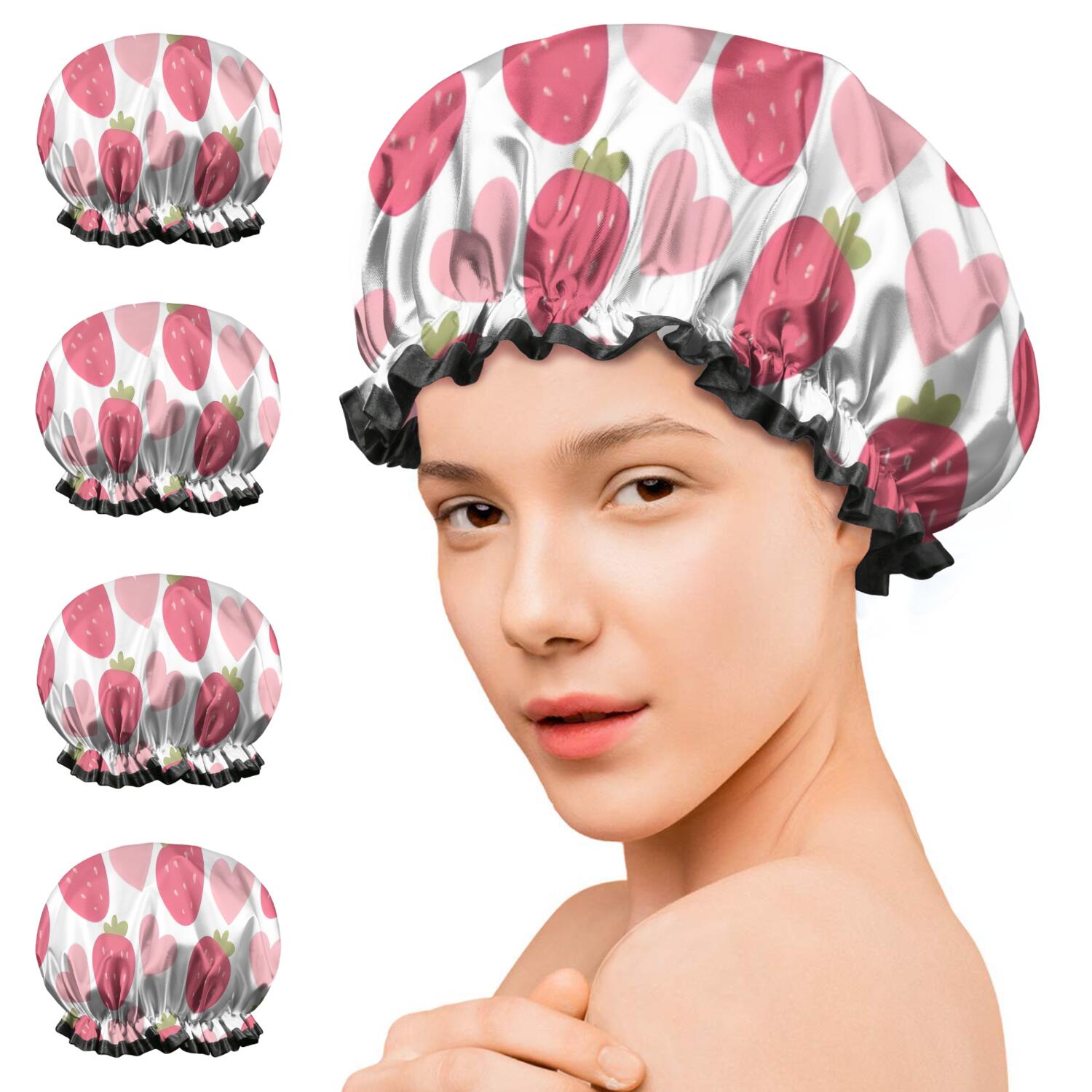 Shower Caps,Strawberry Plants Fruit Heart White Pattern Waterproof Shower Cap for Women 4 Pieces,Double Reusable Hair Cover for Shower PEVA Elastic Stretch Hem