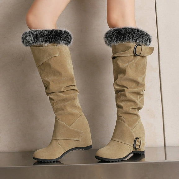 Fnooota Womens Knee High Boots, Non Slip Hidden Wedge Fashion Zip up Winter Boots Beige Size 9