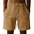 thumbnail image 4 of Nestiefly Mens Casual Cotton Linen Shorts Elastic Waist Drawstring Loose Fit Summer Beach Vacation Shorts with Pockets Yellow XL, 4 of 5