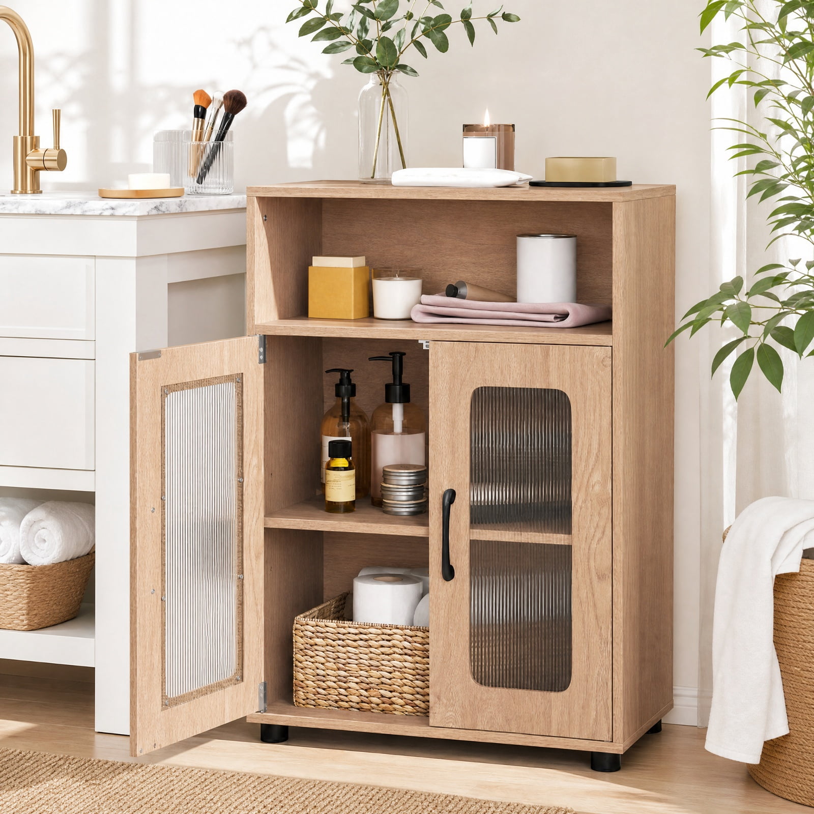 Vebreda Freestanding Bathroom Storage Cabinet, Bathroom Cabinet Freestanding Cabinet with 2 Doors and 3-Level Adjustable Shelf