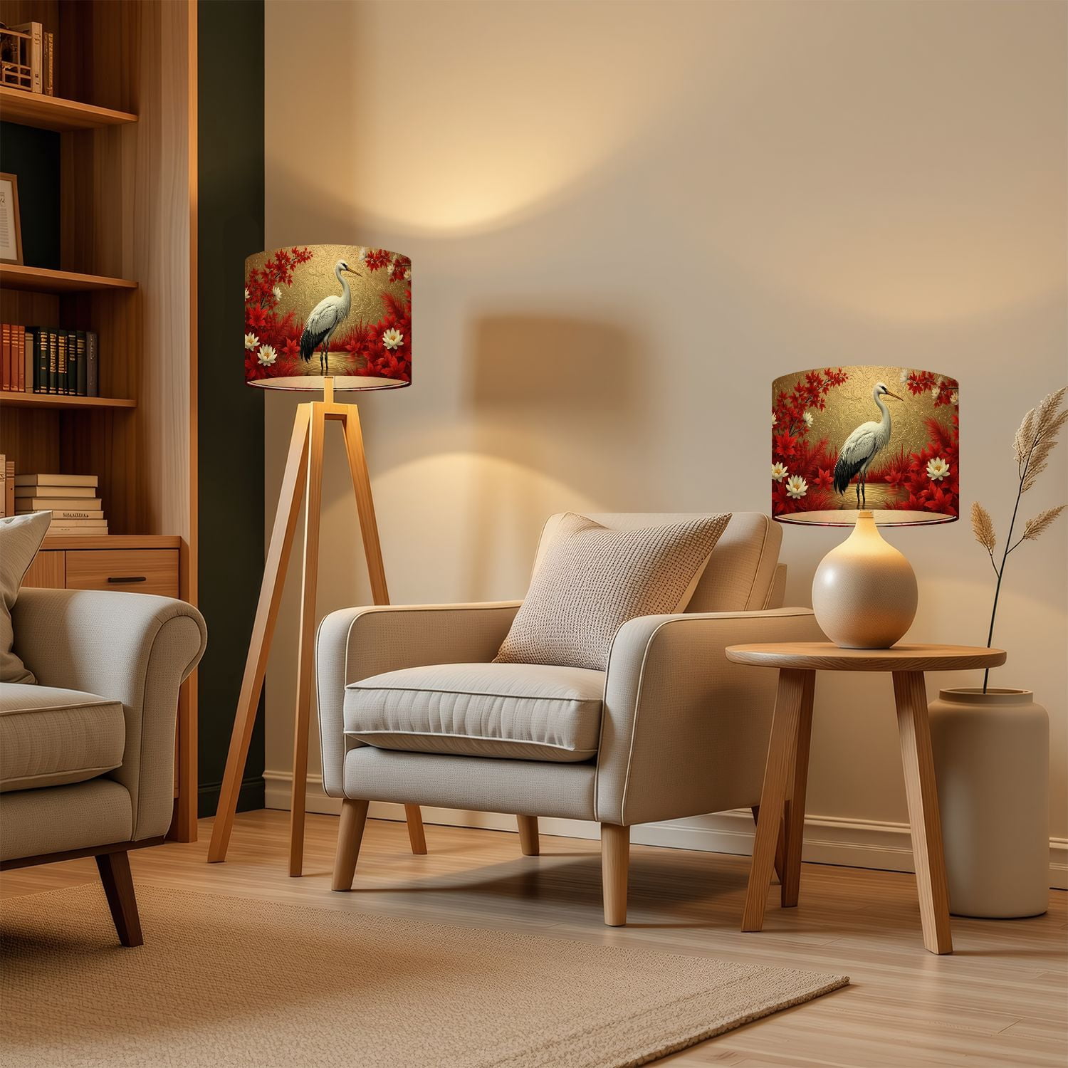 Lampshades 2 Pack Elegant White Crane Wildlife Oriental Red Maple Leaves Lotus 13"x13"x10" Light Shade for Table Lamps Floor Lamp Shades Lampshade Replacement Easy Assembly