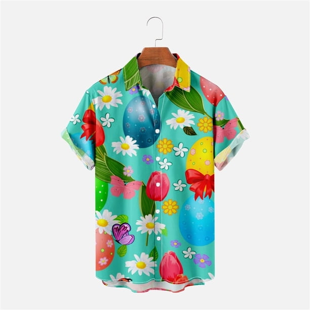 ICHUANYI Clearance Men's Lapel Pocket Less Easter Digital Print Short Sleeve Shirt(Green, XXXXL) Ichuanyi Ichuanyi
