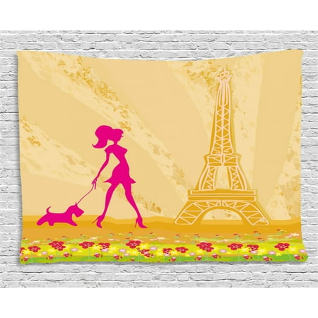 Paris Themed Bedroom For Teenagers Teen Room Decor Tapestry, Pink Silhouette of A Girl with the Dog Eiffel Tower in Paris Design, Wall Hanging for Bedroom Living Room Dorm Decor, 60W X 40L Inches, Apricot Hot Pink, by Ambesonne ()