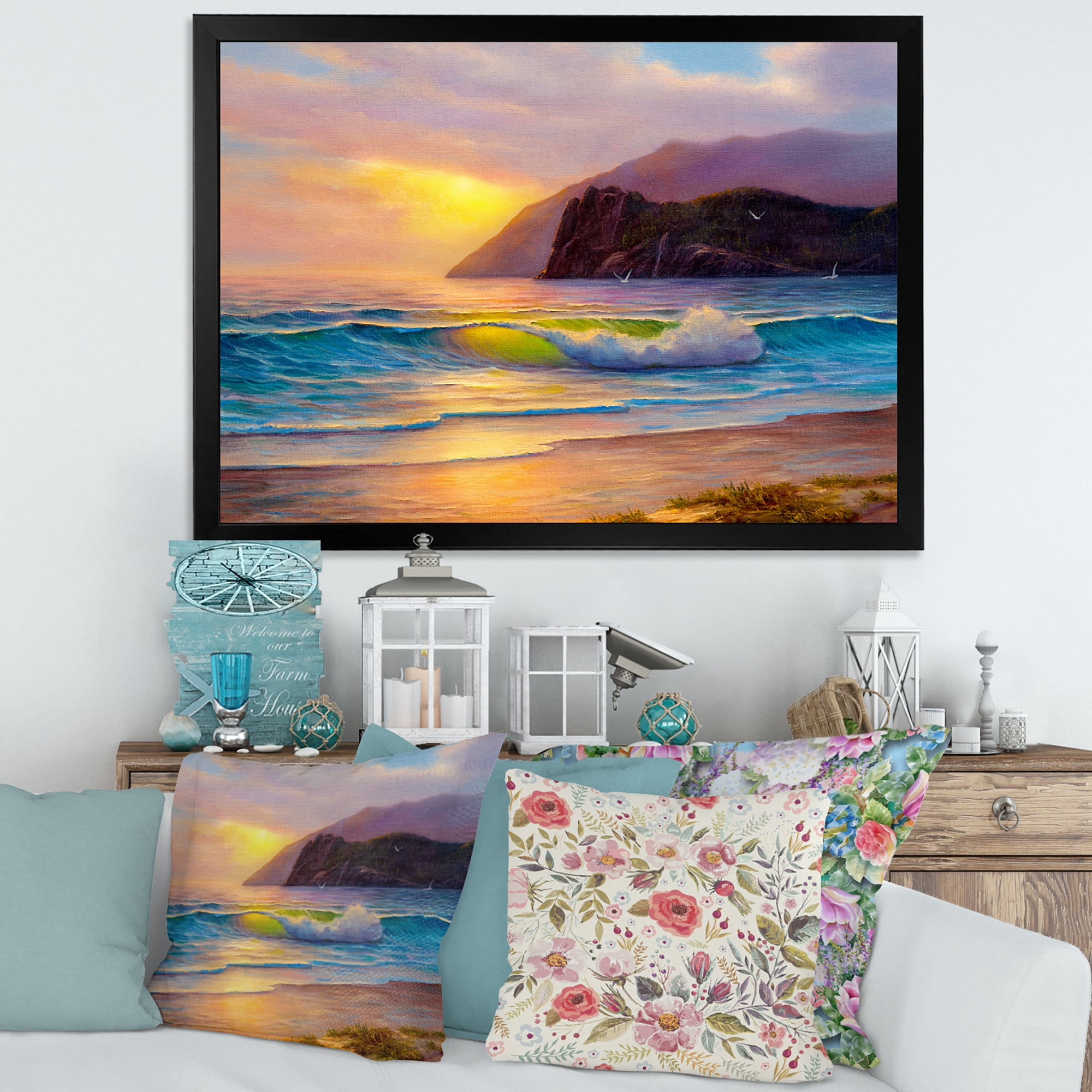Designart 'Sunrise Glow On The Sea Waves V' Nautical & Coastal Framed Art Print
