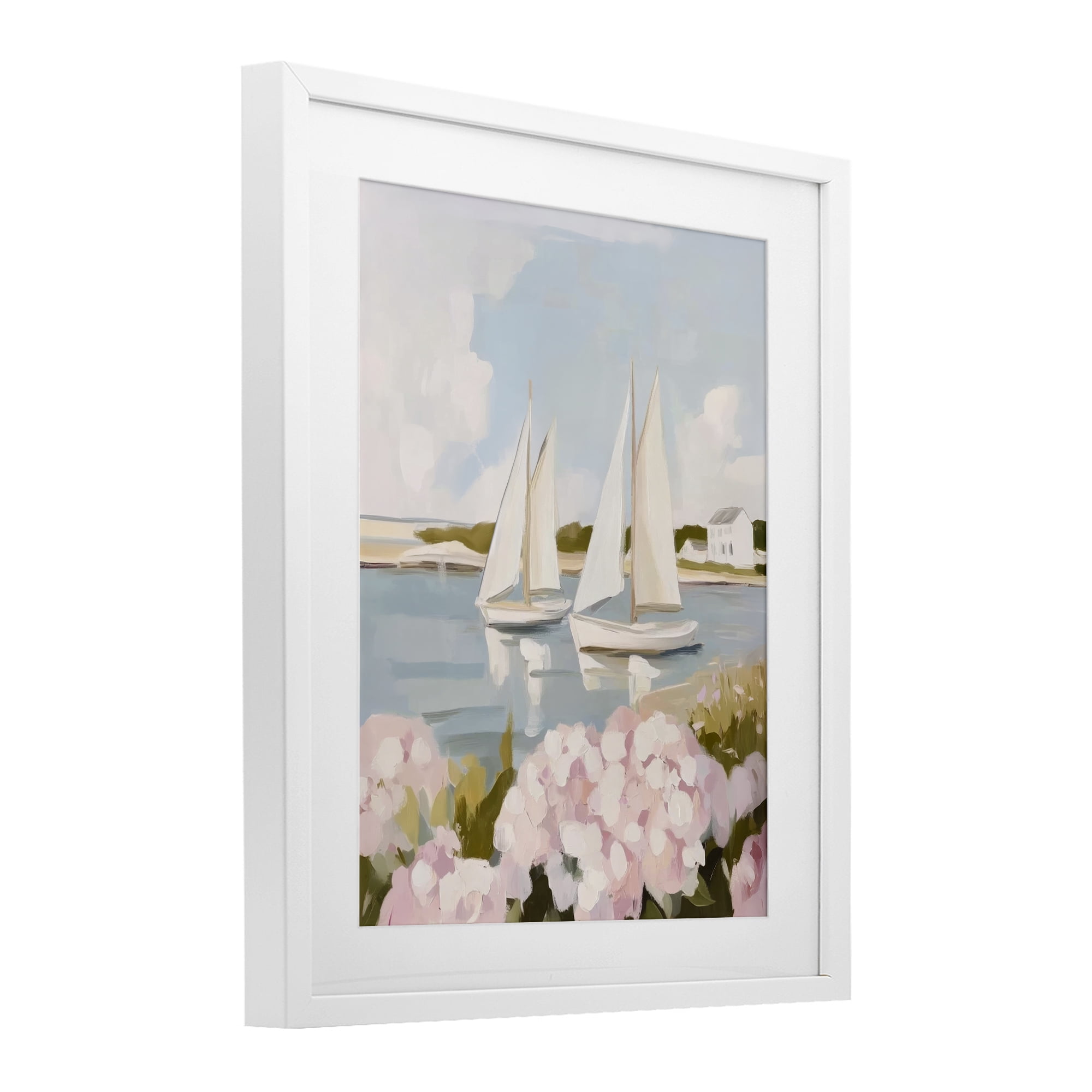 Stupell Industries Sailboat Duo with Pink Hydrangeas White Framed Print Under Glass, design by Sisi and Seb