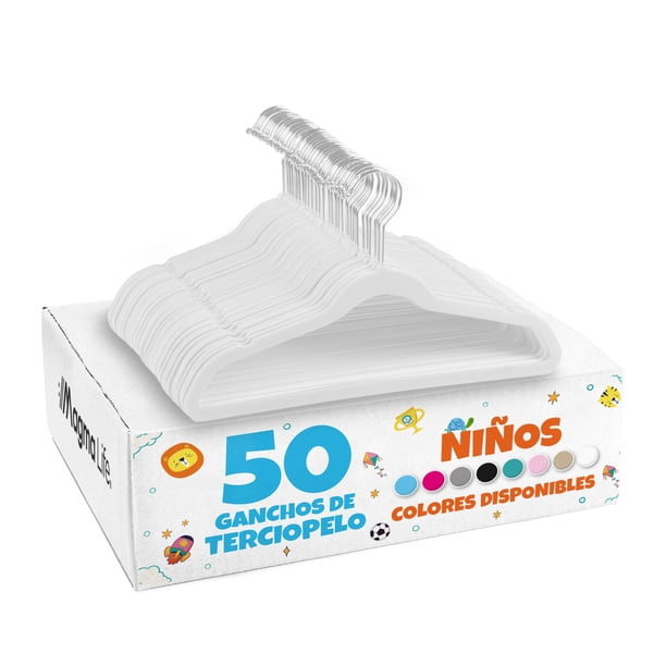 MAGMALIFE 50 Ganchos de Terciopelo para Ropa Infantil, Gancho Plateado Giratorio de 360 Grados, Adecuado para Todo Tipo de Ropa, Antideslizante, 35 cm de Largo (Blanco)
