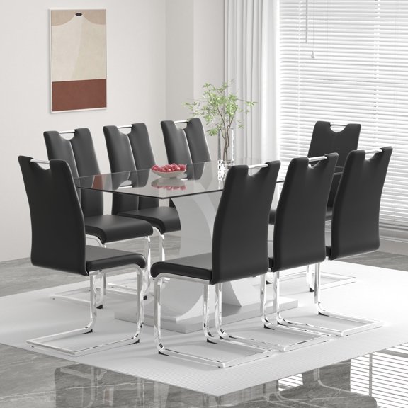 Sumdeal 63" rectangle Modern Glass Top Dining Room Table Sets for 8,Glass Dining Table with 8 PU leather C-Shape Chairs with Handle, 1 White Base Glass Table and 8 Black Chairs