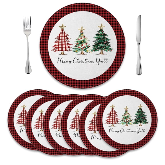 MIZHONA Christmas Round Placemats Set of 6 Winter Xmas Tree Table Mat 14 inch for Kitchen Dining Table Decoration