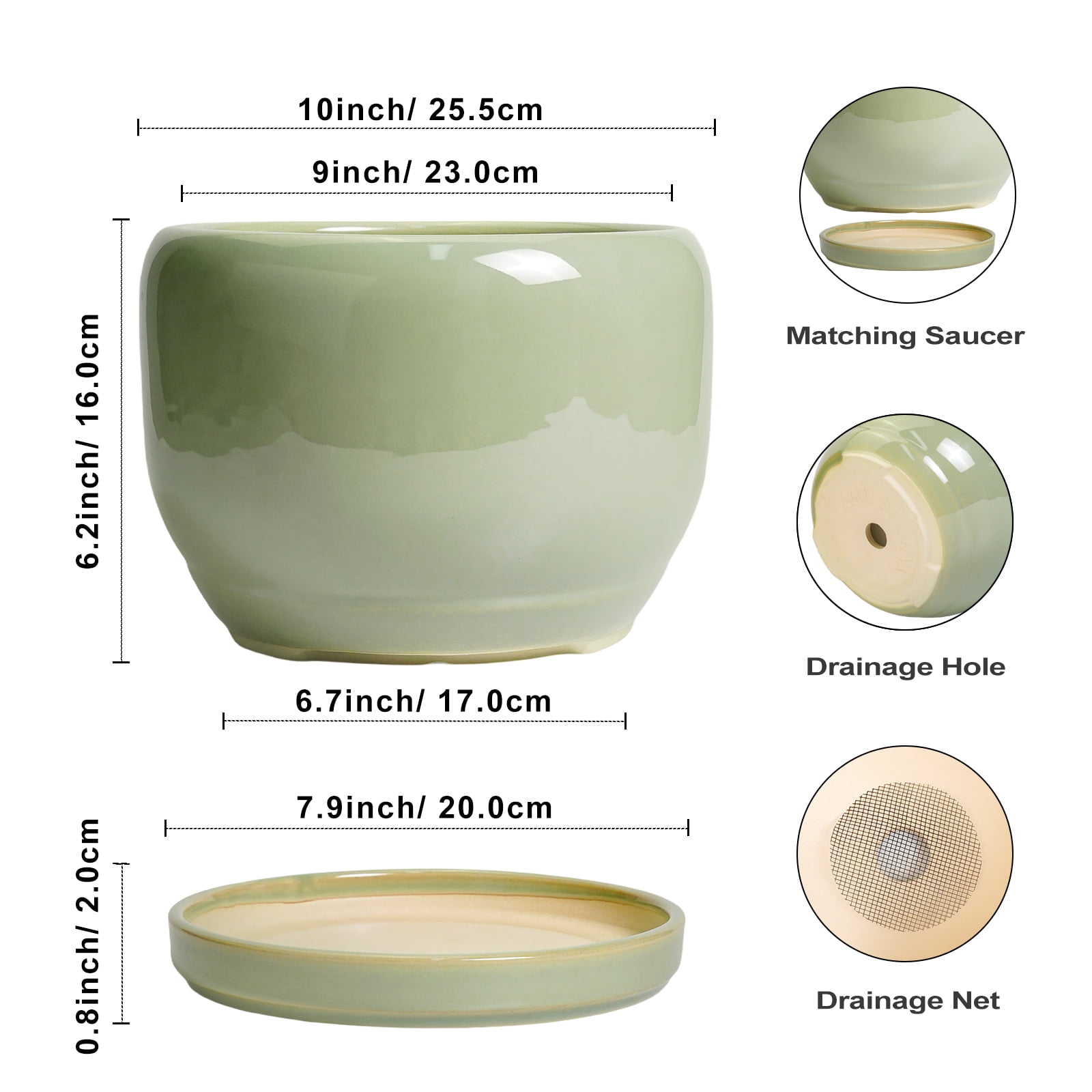 Ordivic 10 inch Glossy Green Ceramic Plant Pots with Drainage & Saucer, Large Round Pots for Monstera,Fiddle Leaf Fig,Entryway Decor