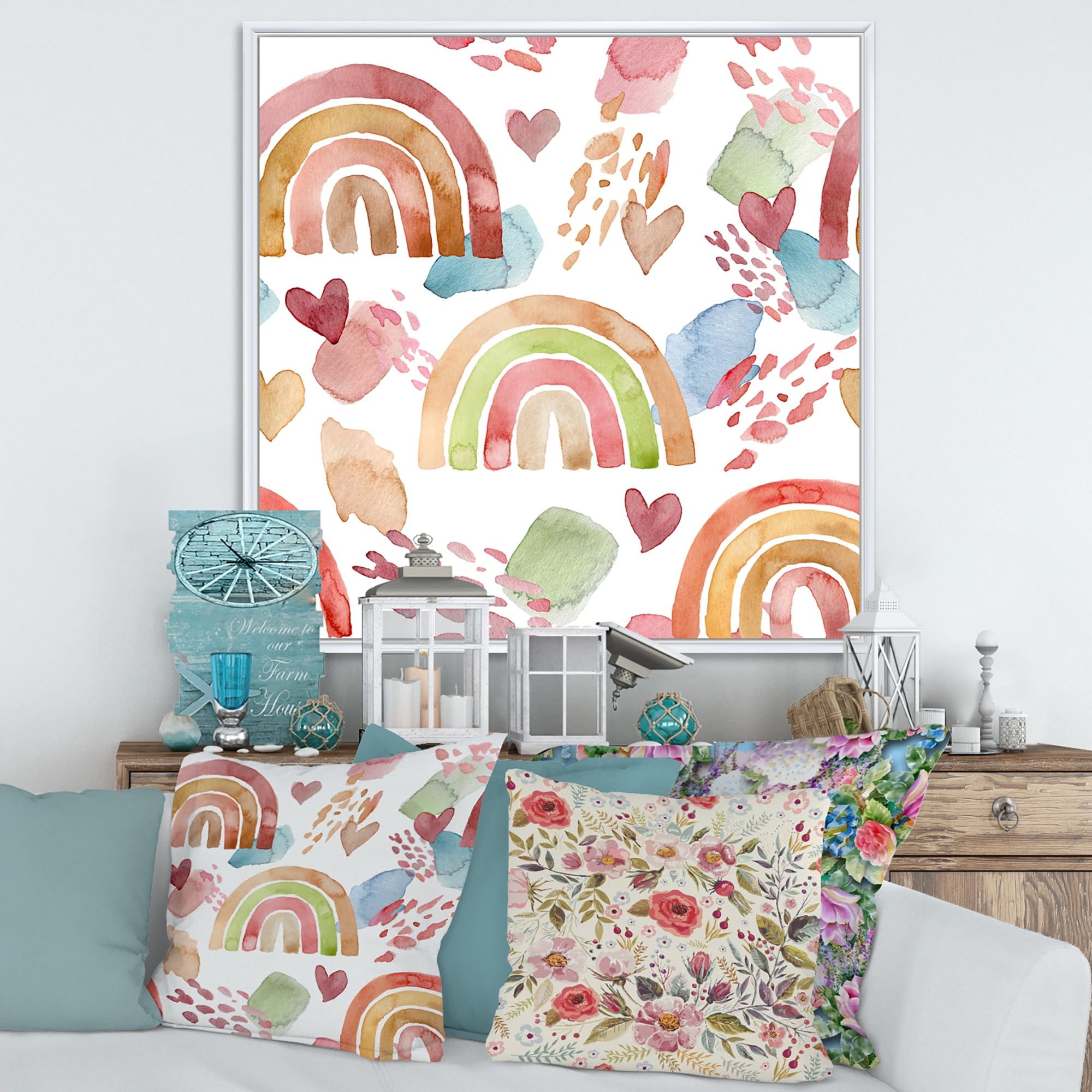 Designart 'Multicolored Rainbows Hearts and Clouds' Children's Art Framed Canvas Wall Art Print