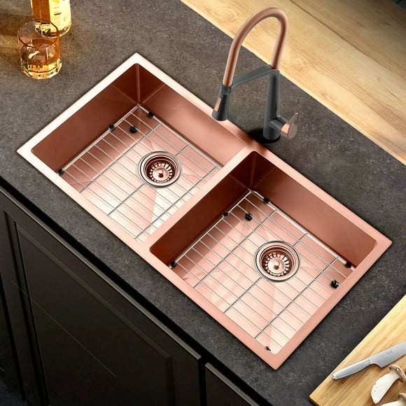 HIGOLD 33 inch Double Bowl Kitchen Sink Undermount,Stainless Steel Nano Sink, Rose Gold 33"×18"×10"