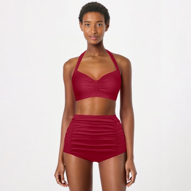 Trajes de Baño Mujer Conjunto de Bikini Push Up Sexy Para Mujer, Traje de Baño de Dos Piezas de Cintura Alta, Tankini Con Estampado Fruncido Retro, Para Playa, Piscina y Fiesta 1847