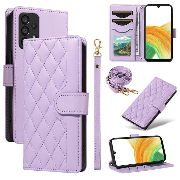 Crossbody Wallet Case for Samsung Galaxy A32 5G, Credit Card Slots Elegant PU Leather Magnetic Closure Shoulder Strap Purse Phone Case Flip Kickstand Full Body Protection Cover for Women Girls, Purple