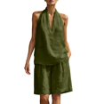 thumbnail image 2 of Costeam Womens Halter V Neck Short and Capri Pants Two Piece Outfit Lightweight Linen Blend Loose Fit Solid Color Casual Summer Co Ord Set, 2 of 6