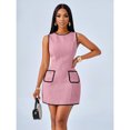 thumbnail image 3 of Pink Tweed Sleeveless Round Neck Mini Dress With Contrasting Black Trim For Elegant Occasions, 3 of 7