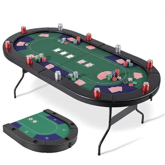 Naipo 7FT Folding Poker Table 10 Players Oval Texas Holdem Poker Table with Cup Holders & Black Padded Rails for Home Game Nights Clubs & Parties