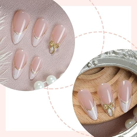 Almond Shaped Press On Nails with Gold Rim Lines Exquisite Bow Design Premium Nail Art Tips for Women Salon Quality Manicure at Home Halloween Christmas Gifts