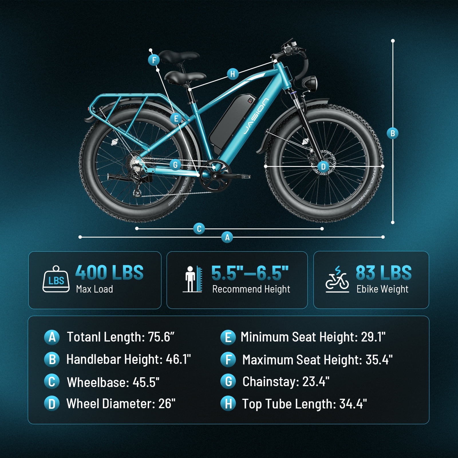 Jasion EB5 MAX Electric Bike for Adults, 750W Electric Mountain Bike with 48V 15Ah Battery, 26'' Fat Tire Off-Road Ebike, 28MPH Shimano 7 Speed Bicycle UL2849