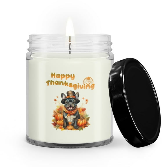 Happy Thanksgiving French Bulldog Welcome Thankful Fall Autumn Pumpkin Soy Wax Candle Dog Lover Gifts 9oz White Birch & Black Pepper Candle - 02021