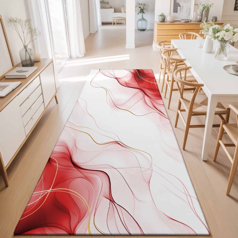 Red Water Ripple Area Rug, Vintage Abstract Non-Slip Felt Rubber