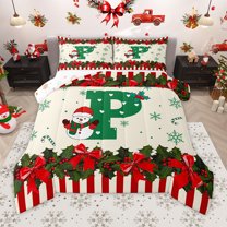 Homewish Letter P Monogrammed Full Size Comforter Sets,Merry Christmas Bedding Comforter Set,Xmas Flower Red Bowtie Bedding Sets For Kids,Microfiber Room Decorative Reversible,3-Piece