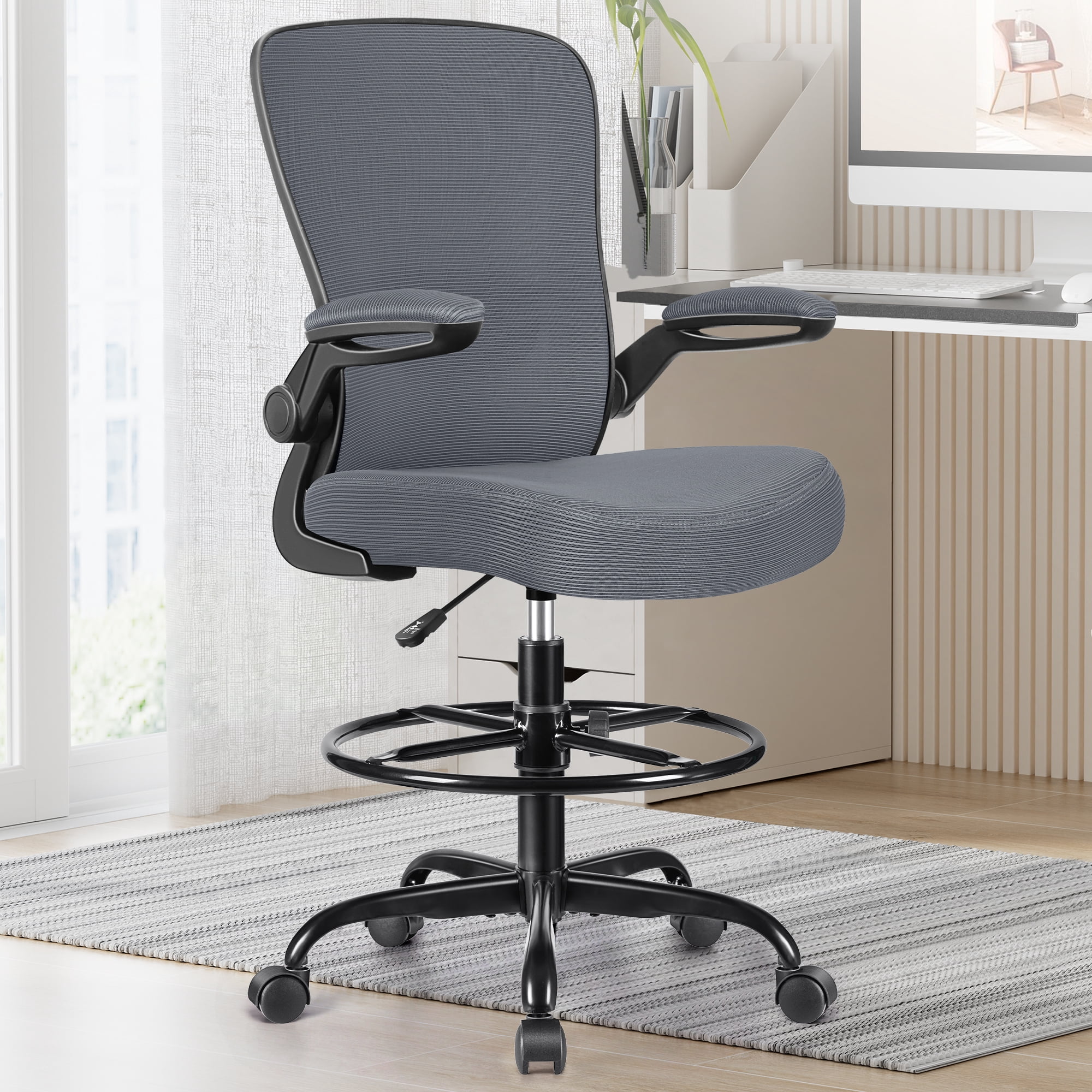 COOLHUT Home Office Chair with Flip-up Armrests for Standing Desk, Ergonomic Computer Office Desk Chair with Adjustable Foot Ring, Office Desk Chairs with Adjustab Lumbar Support, Dark Gray