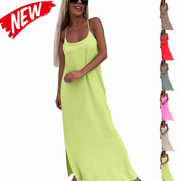 Taqqpue Women's Summer Casual Loose Dress Beach Cover Up Long Cami Maxi Dresses Flowy Swing Solid Color Spaghetti Strap Scoop Neck Sundress for Women