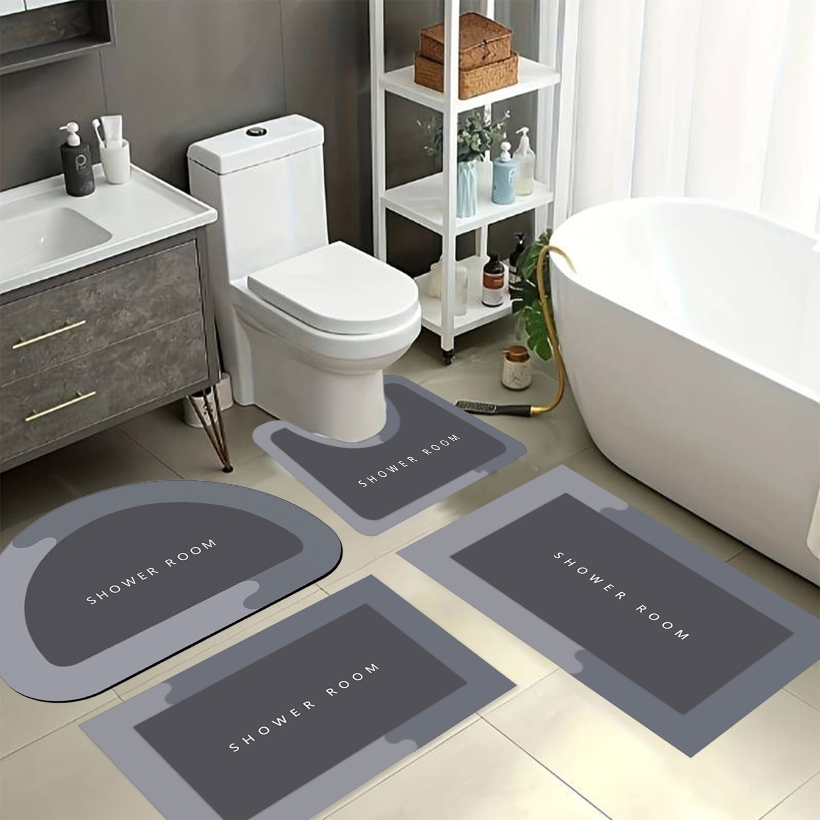 Twfbrm Bathroom Rugs Set 4 Pieces, Ultra Thin Bath Mat Fit Under Door, Non-Slip Rubber Backing Floor Mat, Super Absorbent Quick-Dry Washable Shower Mat for Toilet Bathtub and Kitchen