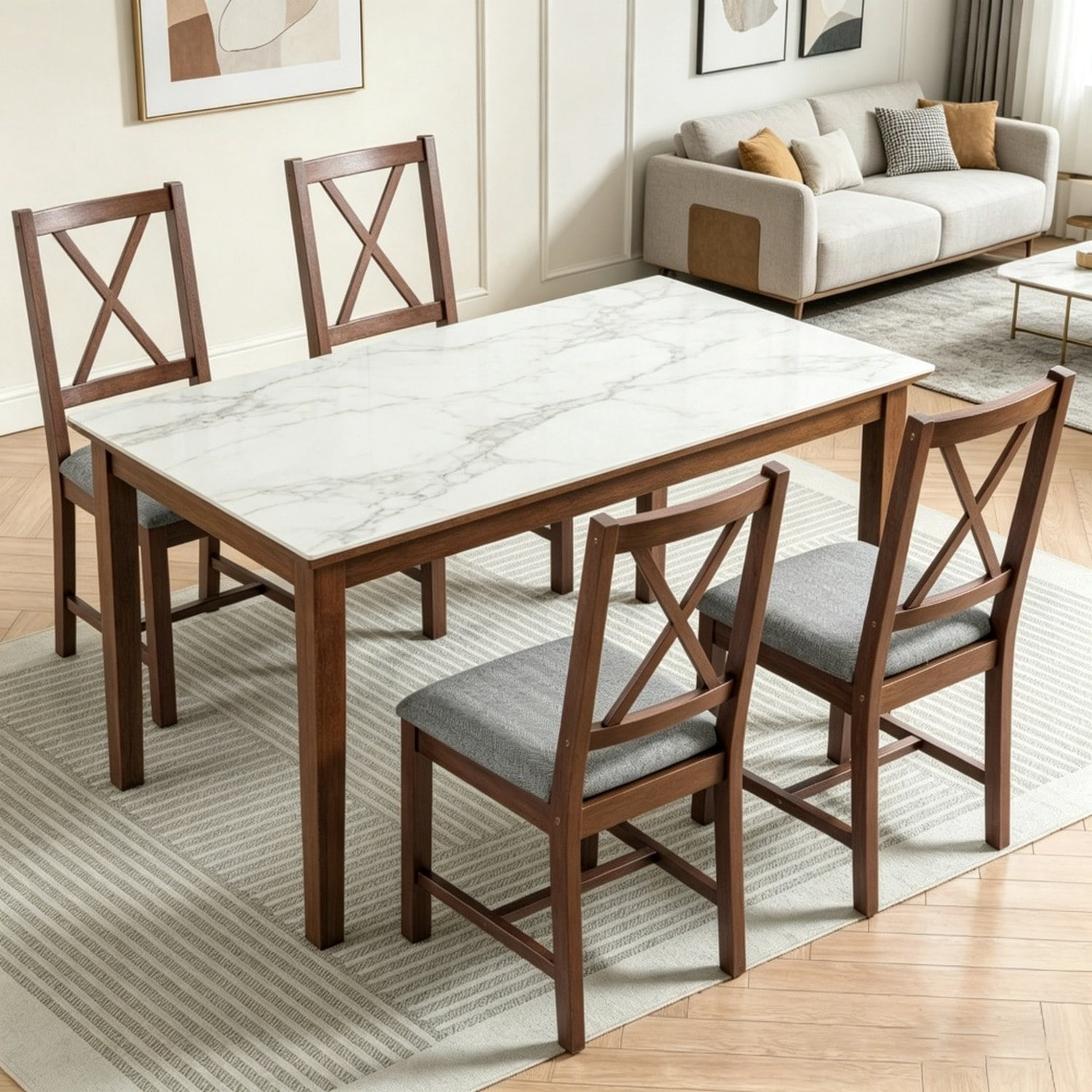 4-Piece Mid-Century Modern Dining Chairs, Walnut Finish with Gray Linen-Look Upholstery, X-Back, Padded Seat, Solid Rubberwood Frame, Armless, 264 lb Capacity
