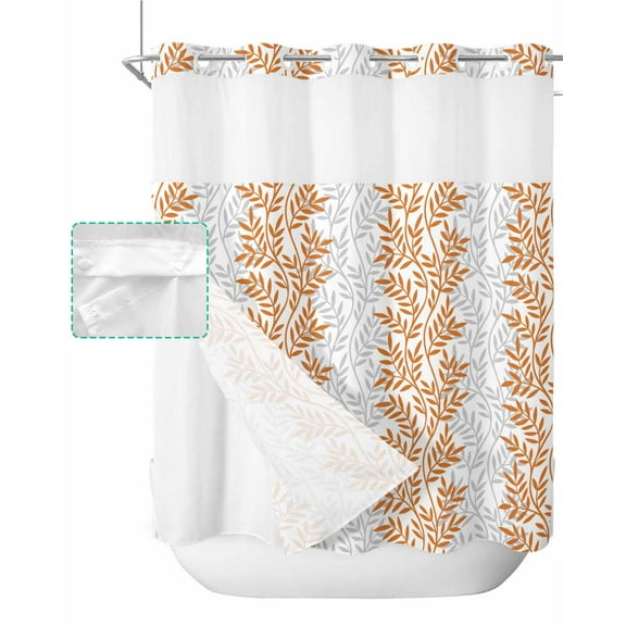 No Hook Shower Curtain with Snap in Liner, Modern Yellow Leaf Pattern Art Design Hotel Shower Curtains for Bathroom, Washable Shower Curtain Liner Set with Mesh Top Window, 72"x72"