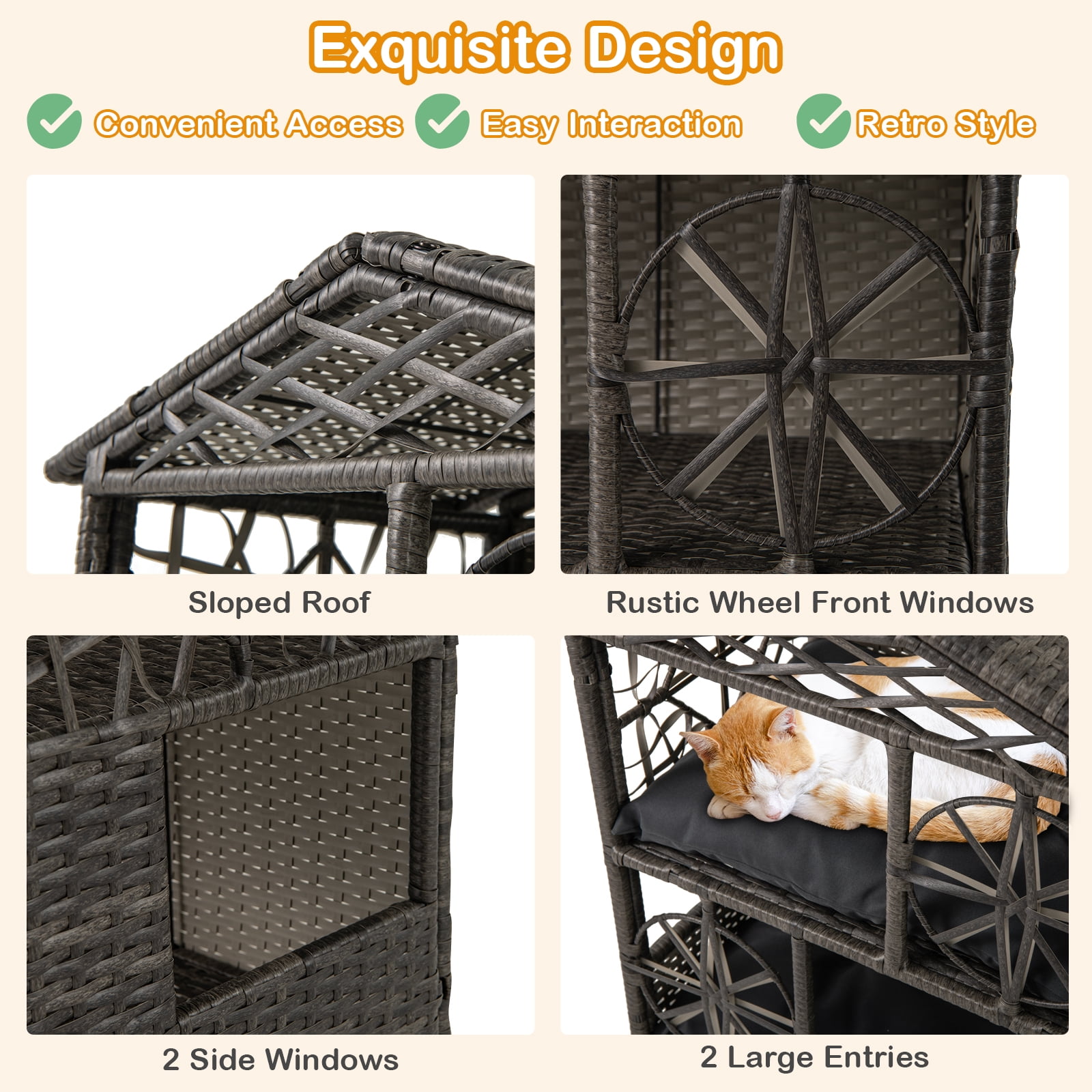 Gymax Outdoor Rattan Cat House 2-Tier Wicker Windows Removable Cushions Large Entrance