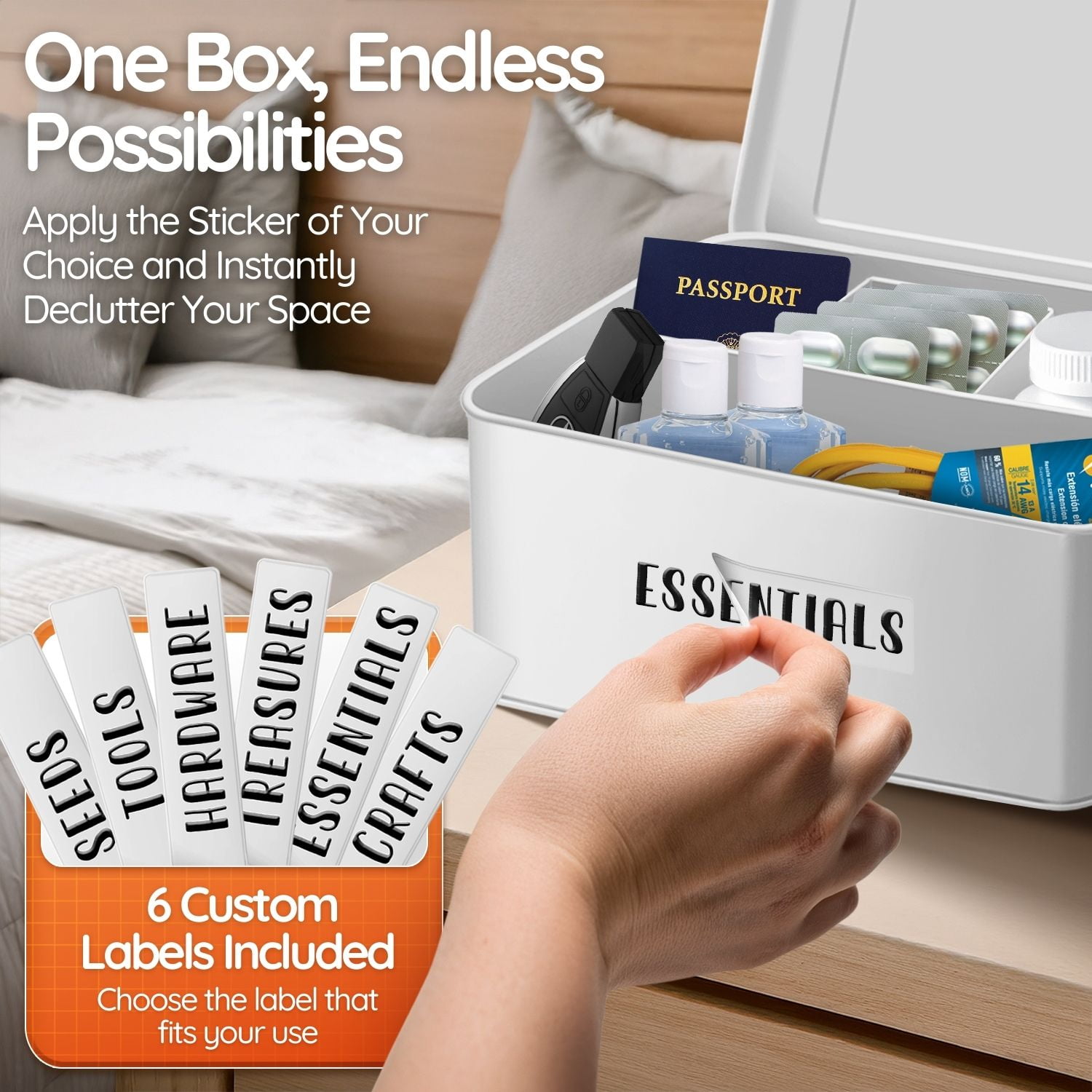 Flexzion Tin Storage Box with Removable Tray, 8 Inch Seed Organizer Box and Metal Seed Holder Organizer with Hinged Lid, Toolbox Container for Crafts, Hardware, Tools, Essentials – White